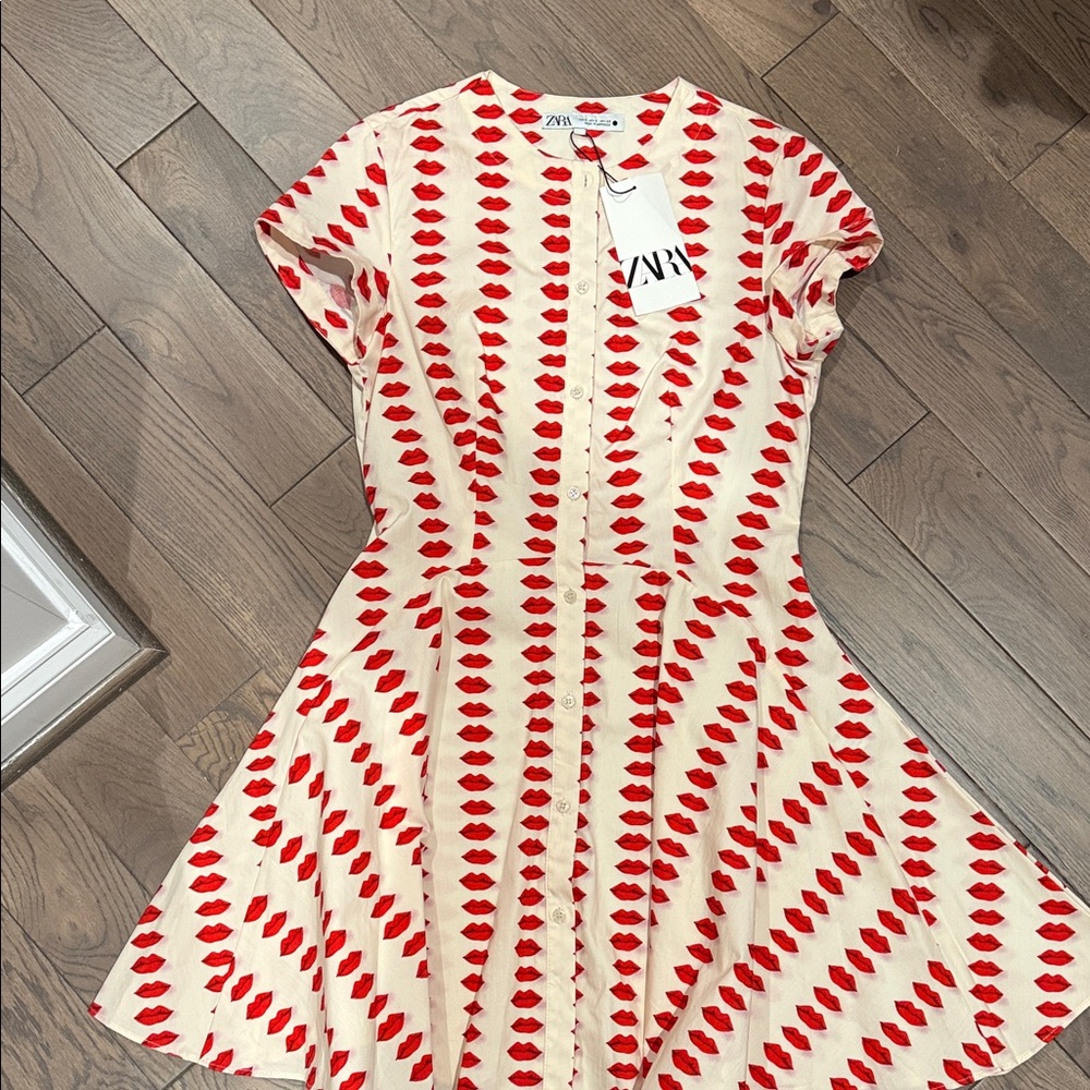Zara Beige and Red Geometric Dress